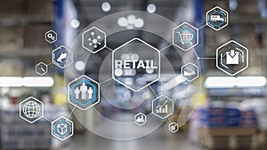 Retail Marketing Channels E-commerce. Shopping automation on blurred supermarket background 2021
