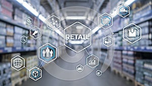 Retail Marketing Channels E-commerce. Shopping automation on blurred supermarket background 2021