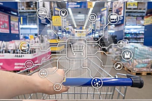 Retail marketing channels E-commerce Shopping automation concept on blurred supermarket background.