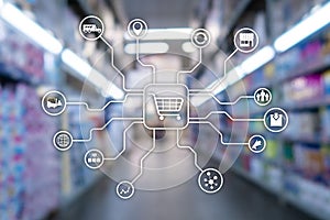 Retail marketing channels E-commerce Shopping automation concept on blurred supermarket backgroundÑŽ