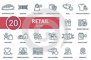 Retail outline icons set. Creative icons: shipping delivery, barcode, call center, cargo protection, deal, discount