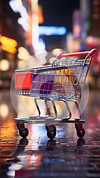 Retail perspective Shopping cart in supermarket, set against lively store bokeh backdrop