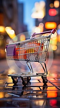 Retail perspective Shopping cart in supermarket, set against lively store bokeh backdrop