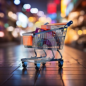 Retail perspective Shopping cart in supermarket, set against lively store bokeh backdrop