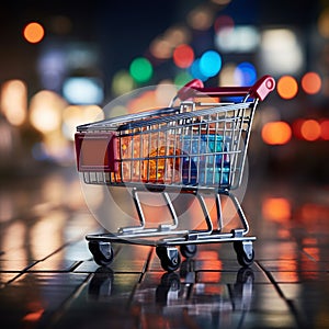 Retail perspective Shopping cart in supermarket, set against lively store bokeh backdrop