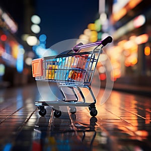 Retail perspective Shopping cart in supermarket, set against lively store bokeh backdrop