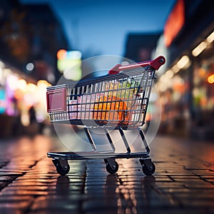 Retail perspective Shopping cart in supermarket, set against lively store bokeh backdrop