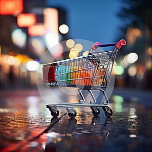 Retail perspective Shopping cart in supermarket, set against lively store bokeh backdrop