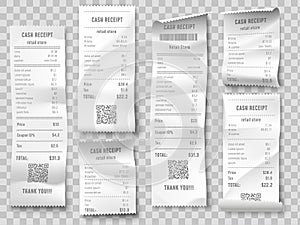 Retail purchase bill. Supermarket shopping receipt, sum invoice check and total cost store sale paper isolated vector