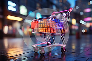 Retail rendezvous Shopping cart amidst blurred store bokeh, symbolizing dynamic shopping experience