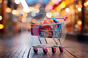 Retail rendezvous Shopping cart amidst blurred store bokeh, symbolizing dynamic shopping experience