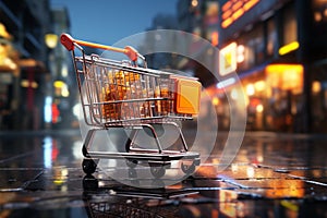 Retail rendezvous Shopping cart amidst blurred store bokeh, symbolizing dynamic shopping experience