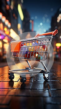 Retail rendezvous Shopping cart amidst blurred store bokeh, symbolizing dynamic shopping experience