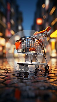 Retail rendezvous Shopping cart amidst blurred store bokeh, symbolizing dynamic shopping experience