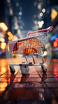 Retail rendezvous Shopping cart amidst blurred store bokeh, symbolizing dynamic shopping experience