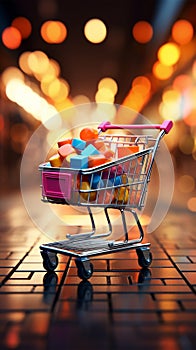 Retail rendezvous Shopping cart amidst blurred store bokeh, symbolizing dynamic shopping experience