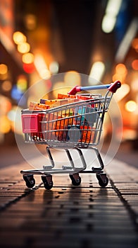 Retail rendezvous Shopping cart amidst blurred store bokeh, symbolizing dynamic shopping experience