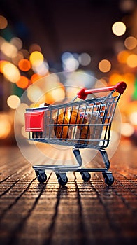 Retail rendezvous Shopping cart amidst blurred store bokeh, symbolizing dynamic shopping experience