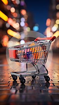 Retail rendezvous Shopping cart amidst blurred store bokeh, symbolizing dynamic shopping experience