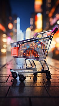 Retail rendezvous Shopping cart amidst blurred store bokeh, symbolizing dynamic shopping experience