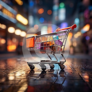 Retail rendezvous Shopping cart amidst blurred store bokeh, symbolizing dynamic shopping experience