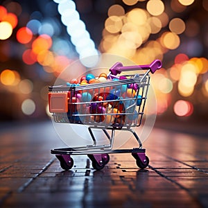 Retail rendezvous Shopping cart amidst blurred store bokeh, symbolizing dynamic shopping experience