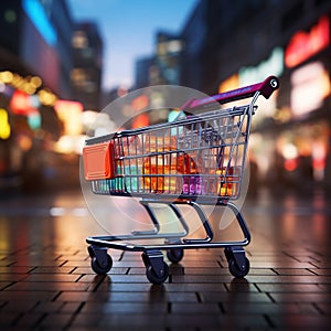 Retail rendezvous Shopping cart amidst blurred store bokeh, symbolizing dynamic shopping experience