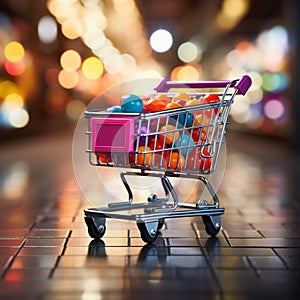 Retail rendezvous Shopping cart amidst blurred store bokeh, symbolizing dynamic shopping experience