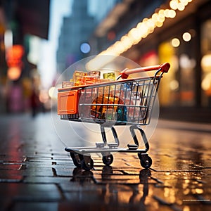 Retail rendezvous Shopping cart amidst blurred store bokeh, symbolizing dynamic shopping experience