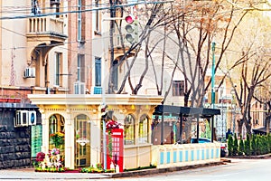 Retail sale of flowers and bouquets on street of Yerevan, Outdoor side view image