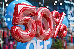 Retail Sale Promotion with Red Balloons Reading 50 Percent Off in a Shopping Mall Setting