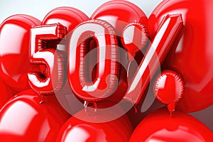 Retail Sale Promotion with Red Balloons Reading 50 Percent Off in a Shopping Mall Setting