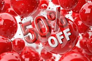 Retail Sale Promotion with Red Balloons Reading 50 Percent Off in a Shopping Mall Setting