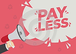 Retail Sale promotion shoutout of Pay less with a megaphone speech bubble against a red background