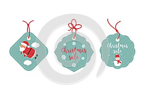 Retail Sale Tags and Clearance Tags. Festive christmas design. Santa Claus, snowflakes and snowman