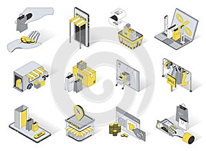 Retail service concept 3d isometric icons set. Pack elements