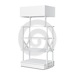 Retail Shelves Floor Display Rack For Supermarket Blank Empty With Banner Mock Up. 3D On White Background. Vector EPS10