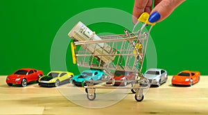 Retail shopping for cars concept with miniature shopping cart