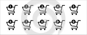 Retail shopping cart icon set. Trolley with numbers, vector icons set for online store or marketplace symbol. Assorted simple flat