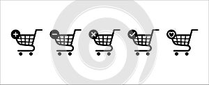 Retail shopping cart icon set. Trolley vector icons set for online store or market place. Contains icon such as add goods,