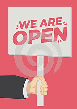 Retail Store Open promotion shoutout with a placard banner against a red background photo