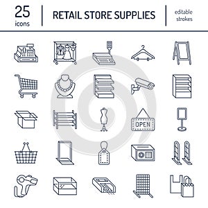 Retail store supplies line icons. Trade shop equipment signs.