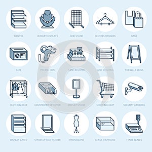 Retail store supplies line icons. Trade shop equipment signs. Commercial objects - cash register, scales, shopping cart