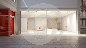 retail storefront with plain walls, red color glass and white and white floor and glass