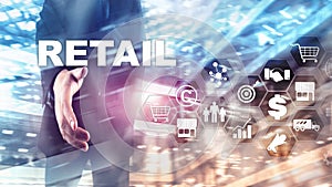 Retail Technology Communication Shopping Virtual Screen Concept. Marketing Data management. Futuristic Online shopping. Abstract B