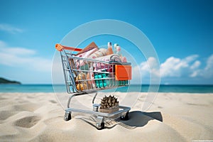 Retail therapy by the shore Beach cart, sand, and summertime sales