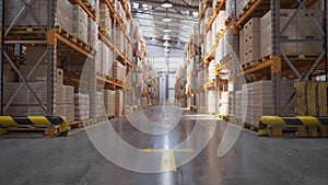 Retail warehouse full of shelves with cardboard boxes and packages. Logistics, storage, and delivery industrial background