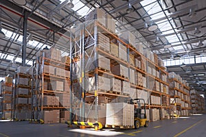 Retail warehouse full of shelves with cardboard boxes and packages. Logistics, storage, and delivery industrial background. 3d