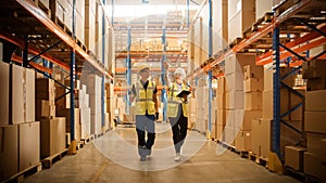 Retail Warehouse full of Shelves with Goods in Cardboard Boxes, Male Worker and Female Supervisor