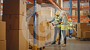 Retail Warehouse full of Shelves with Goods in Cardboard Boxes, Male Worker and Female Supervisor